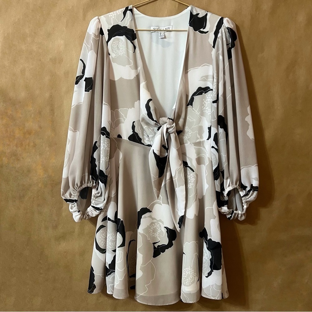 Shona Joy | Flora Tie Front Mini Dress Floral Chiffon Bishop Sleeve Size 2